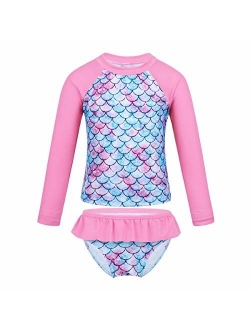 moily Little Girls Rashguard Set Long Sleeve Mermaid Scale Tank Top with Ruffles Bottoms Bikini Sunsuit Beachwear