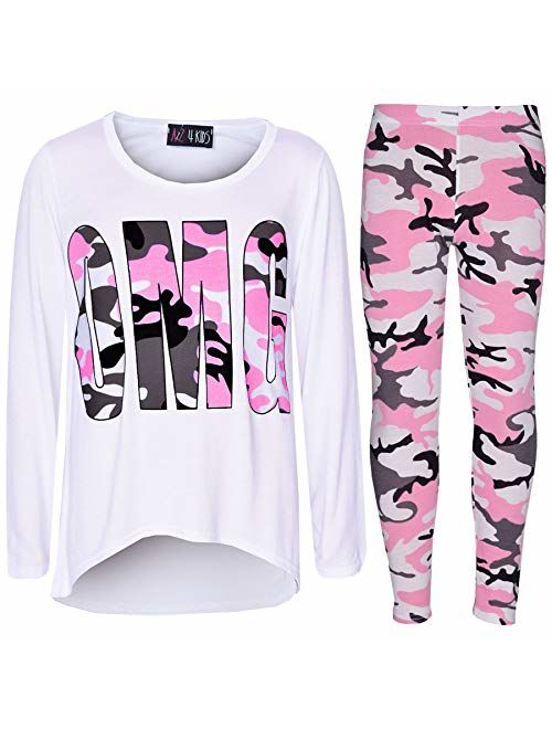 Girls Top Kids Designer's OMG Camouflage Print Shirt Tops & Legging Set 7-13 Yr