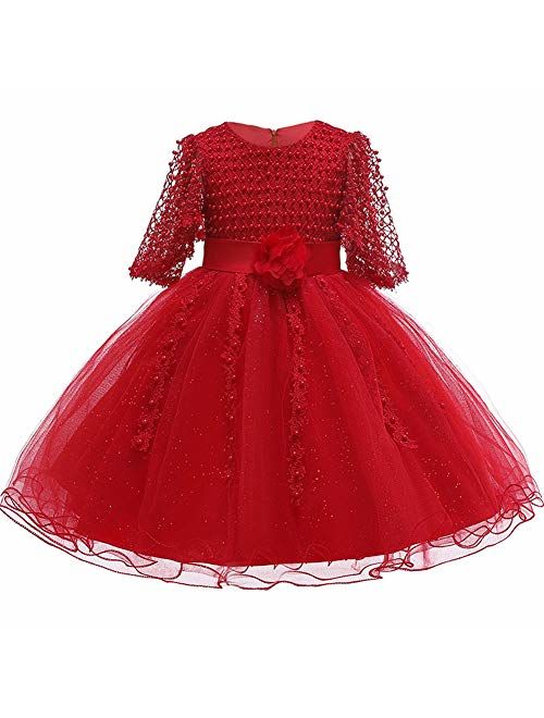 Myosotis510 Girls' Lace Princess Wedding Baptism Dress Long Sleeve Formal Party Wear for Toddler Baby Girl