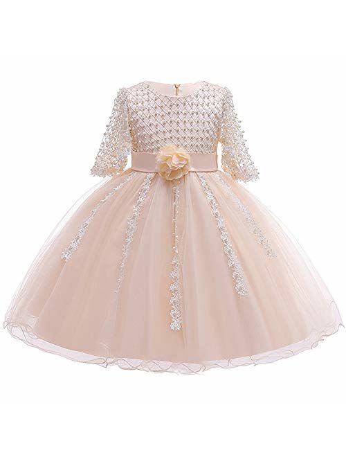 Myosotis510 Girls' Lace Princess Wedding Baptism Dress Long Sleeve Formal Party Wear for Toddler Baby Girl