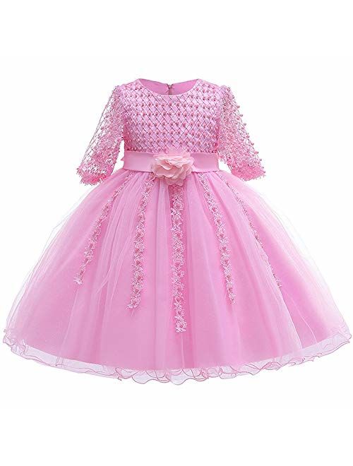 Myosotis510 Girls' Lace Princess Wedding Baptism Dress Long Sleeve Formal Party Wear for Toddler Baby Girl