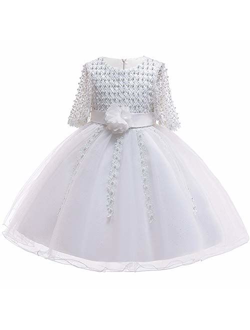 Myosotis510 Girls' Lace Princess Wedding Baptism Dress Long Sleeve Formal Party Wear for Toddler Baby Girl