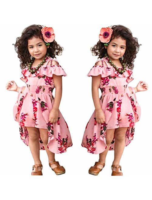 NoNoAnt Kids Girls Summer Sling Sweet Floral Dress Elegant Girl Princess Ruffles Irregular Culotte Dresses 3-8 Year