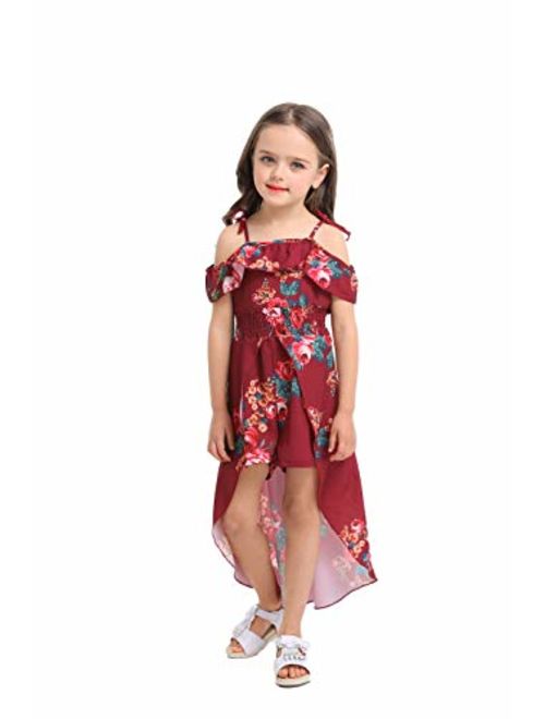 NoNoAnt Kids Girls Summer Sling Sweet Floral Dress Elegant Girl Princess Ruffles Irregular Culotte Dresses 3-8 Year