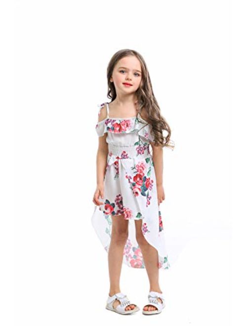 NoNoAnt Kids Girls Summer Sling Sweet Floral Dress Elegant Girl Princess Ruffles Irregular Culotte Dresses 3-8 Year