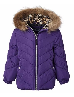 Sportoli Girls Winter Solid Puffer Bubble Jacket Coat Fleece Lined Fur Trim Hood