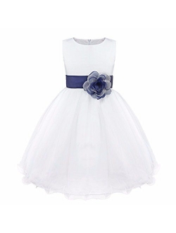 FEESHOW Satin Bodice White Communion Flower Girl Wedding Bridesmaid Party Pageant Dress