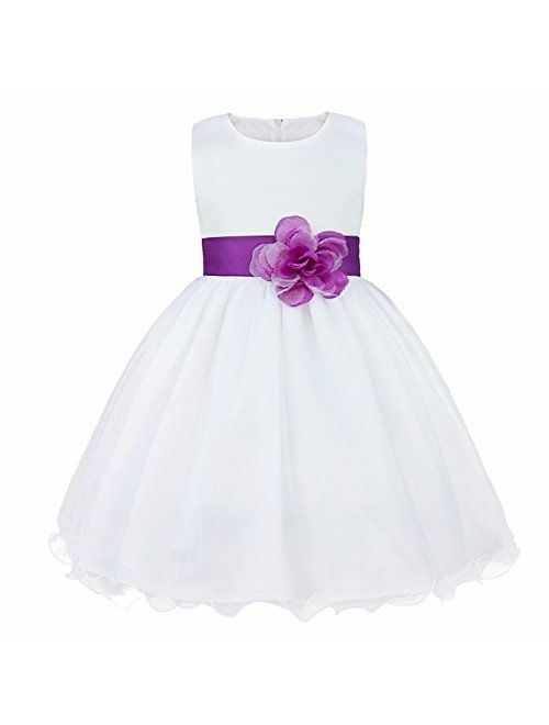 FEESHOW Satin Bodice White Communion Flower Girl Wedding Bridesmaid Party Pageant Dress