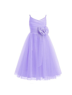 TiaoBug Girls Sleeveless V-Neck Pleated Waist with Flower Party Dress Wedding Bridesmaid Pageant Chiffon Dresses