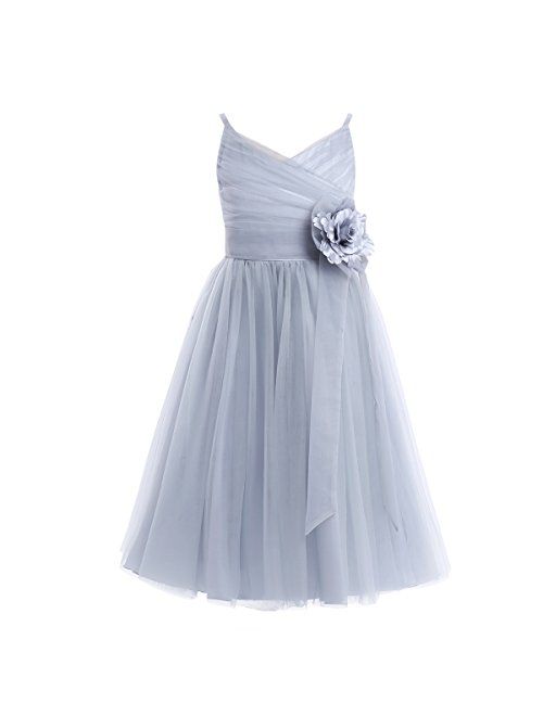 TiaoBug Girls Sleeveless V-Neck Pleated Waist with Flower Party Dress Wedding Bridesmaid Pageant Chiffon Dresses