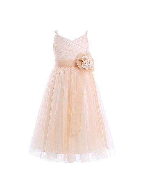 TiaoBug Girls Sleeveless V-Neck Pleated Waist with Flower Party Dress Wedding Bridesmaid Pageant Chiffon Dresses