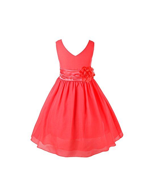 TiaoBug Girls Sleeveless V-Neck Pleated Waist with Flower Party Dress Wedding Bridesmaid Pageant Chiffon Dresses