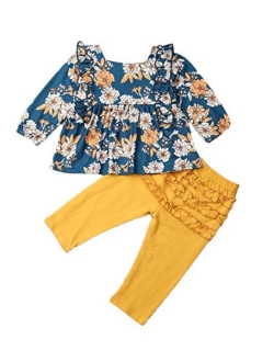 Toddler Girl Clothes Flare Sleeve Yellow Deer Shirt Top Ruffle Dress+ Sunflower Long Pants Leggings Outfit Set