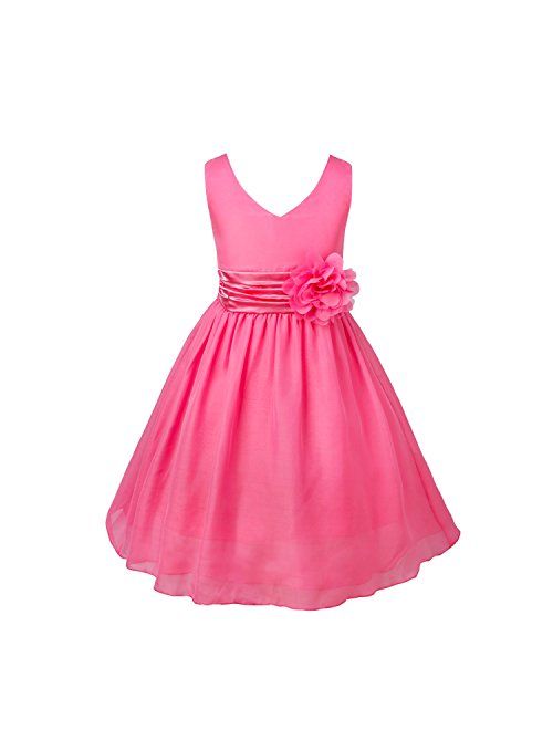 YiZYiF Kids Big Girl's Double V Neck Flower Dress Bridesmaid Graduation with Sash