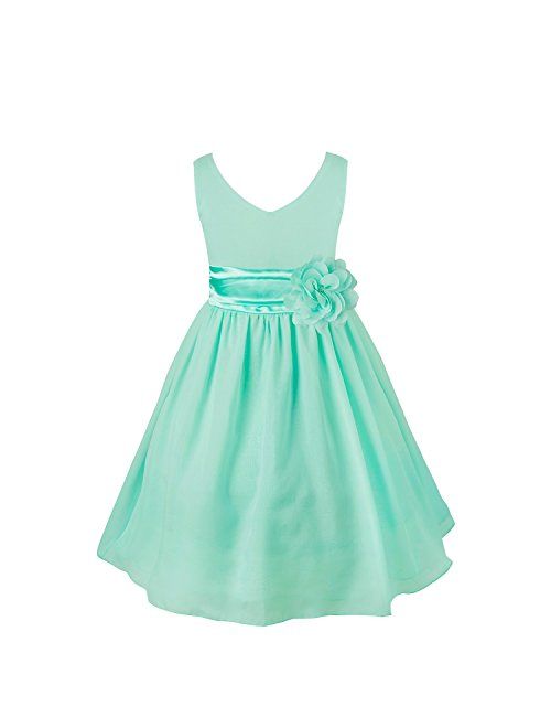 YiZYiF Kids Big Girl's Double V Neck Flower Dress Bridesmaid Graduation with Sash