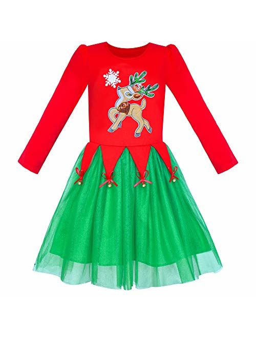 Sunny Fashion Girls Dress Christmas Santa Hat Long Sleeve Party Dress Size 6-12