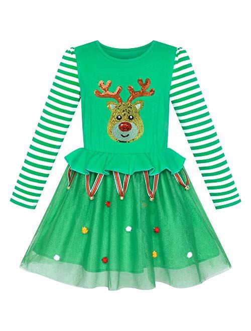 Sunny Fashion Girls Dress Christmas Santa Hat Long Sleeve Party Dress Size 6-12