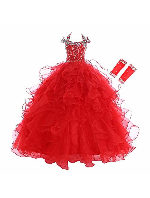 Baoji Girls' Crystal Body Straps Layered Ball Gown Ruffles Pageant Dresses