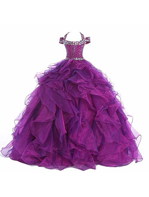 Baoji Girls' Crystal Body Straps Layered Ball Gown Ruffles Pageant Dresses