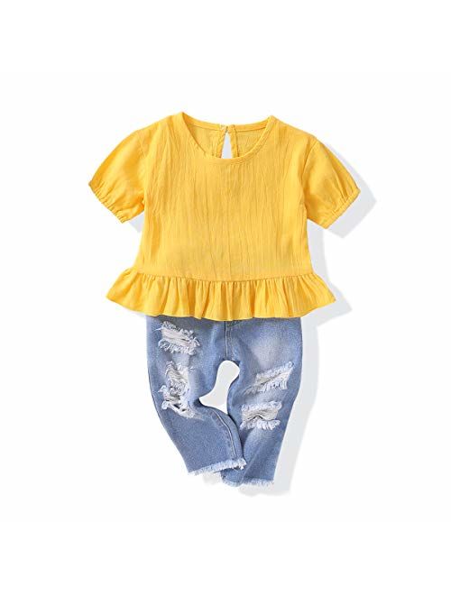 Mikrdoo 2 Pcs Toddler Girl Summer Outfits Floral Shirt Tops + Ripped Denim Shorts Summer Clothes Set