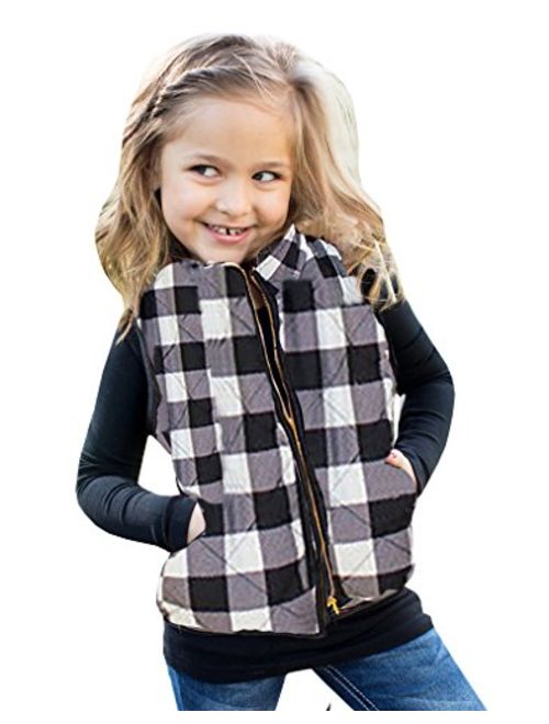 Girls Buffalo Cotton Plaid Quilted Vest Cute Puff Lined Gilet