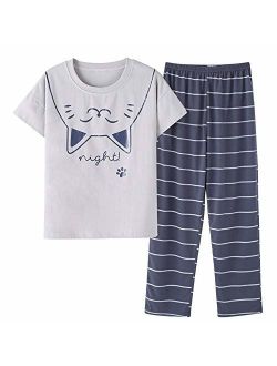 Big Girls Cute Pajama Set Cartoon Print Short Sleeve and Long Pants Pink Jammies Set for Size 12-18