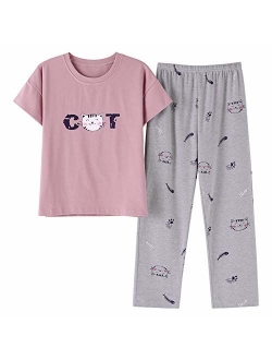 Big Girls Cute Pajama Set Cartoon Print Short Sleeve and Long Pants Pink Jammies Set for Size 12-18