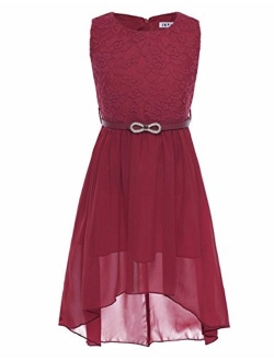 FEESHOW Kids Big Girls Lace Flower High Low Chiffon Bridesmaid Dress Wedding Dance Party