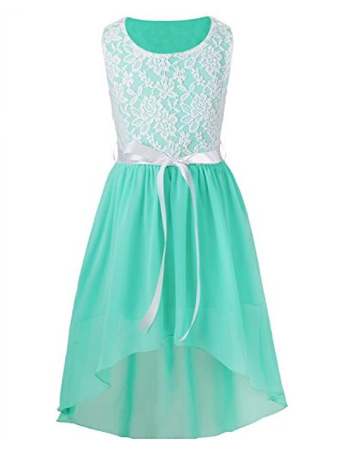 FEESHOW Kids Big Girls Lace Flower High Low Chiffon Bridesmaid Dress Wedding Dance Party