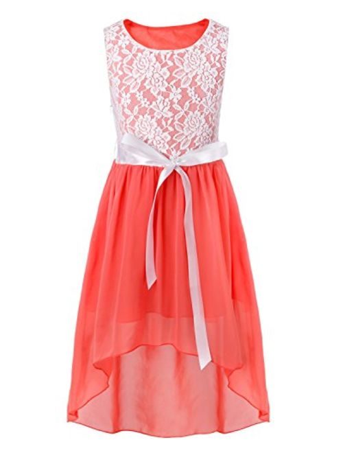 FEESHOW Kids Big Girls Lace Flower High Low Chiffon Bridesmaid Dress Wedding Dance Party