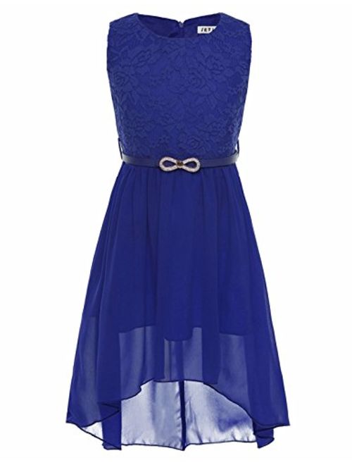 FEESHOW Kids Big Girls Lace Flower High Low Chiffon Bridesmaid Dress Wedding Dance Party