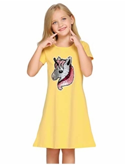 Girls Cotton Dress Short & Long Sleeves Casual Summer Flip Sequin Unicorn T-Shirt Dresses