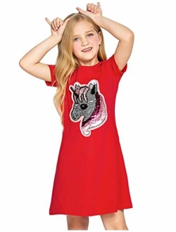 Girls Cotton Dress Short & Long Sleeves Casual Summer Flip Sequin Unicorn T-Shirt Dresses