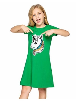 Girls Cotton Dress Short & Long Sleeves Casual Summer Flip Sequin Unicorn T-Shirt Dresses