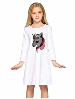 Girls Cotton Dress Short & Long Sleeves Casual Summer Flip Sequin Unicorn T-Shirt Dresses