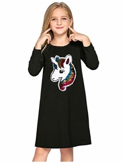 Girls Cotton Dress Short & Long Sleeves Casual Summer Flip Sequin Unicorn T-Shirt Dresses