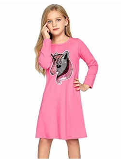 Girls Cotton Dress Short & Long Sleeves Casual Summer Flip Sequin Unicorn T-Shirt Dresses