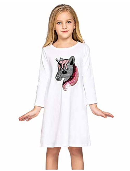 Arshiner Girls Cotton Dress Short & Long Sleeves Casual Summer Flip Sequin Unicorn T-Shirt Dresses