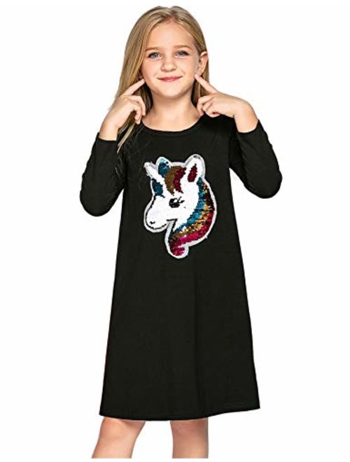 Arshiner Girls Cotton Dress Short & Long Sleeves Casual Summer Flip Sequin Unicorn T-Shirt Dresses