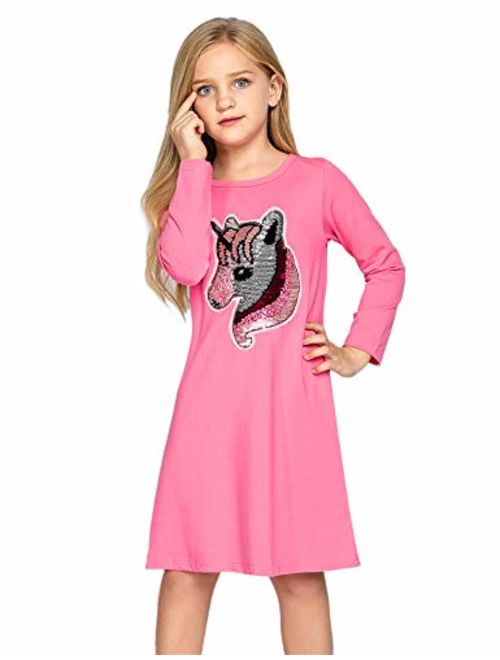 Arshiner Girls Cotton Dress Short & Long Sleeves Casual Summer Flip Sequin Unicorn T-Shirt Dresses