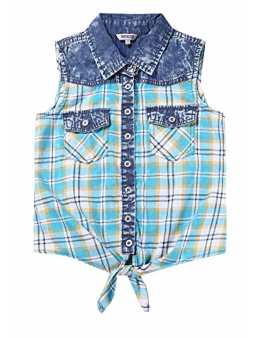 Bienzoe Girls Cotton Plaid Denim Sleeveless Tied Casual Blouse