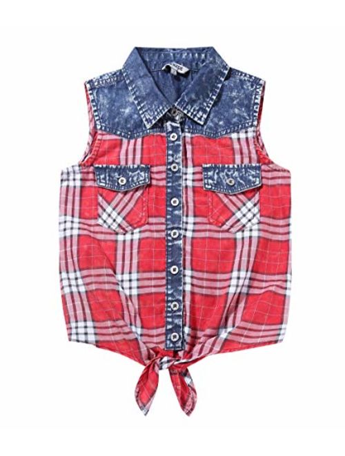 Bienzoe Girls Cotton Plaid Denim Sleeveless Tied Casual Blouse