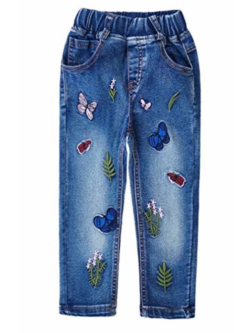 Kidscool Space Little Big Girls Embroidery Butterfly Grass Slim Jean Pants