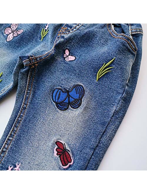 Kidscool Space Little Big Girls Embroidery Butterfly Grass Slim Jean Pants