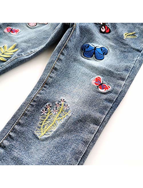 Kidscool Space Little Big Girls Embroidery Butterfly Grass Slim Jean Pants