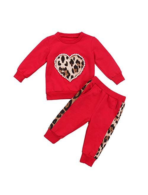 Toddler Baby Girl Fall Winter Clothes Leopard Heart Long Sleeve Tops Legging Pants Tracksuit Sweatsuit 2Pcs Outfit Set