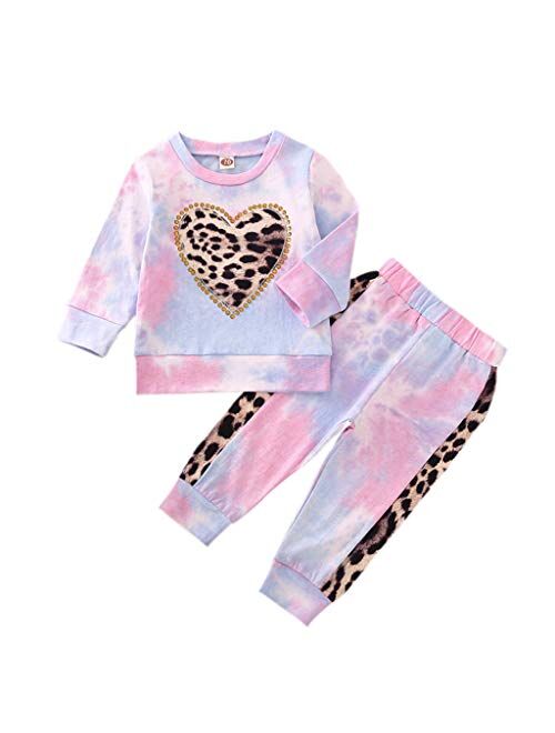 Toddler Baby Girl Fall Winter Clothes Leopard Heart Long Sleeve Tops Legging Pants Tracksuit Sweatsuit 2Pcs Outfit Set