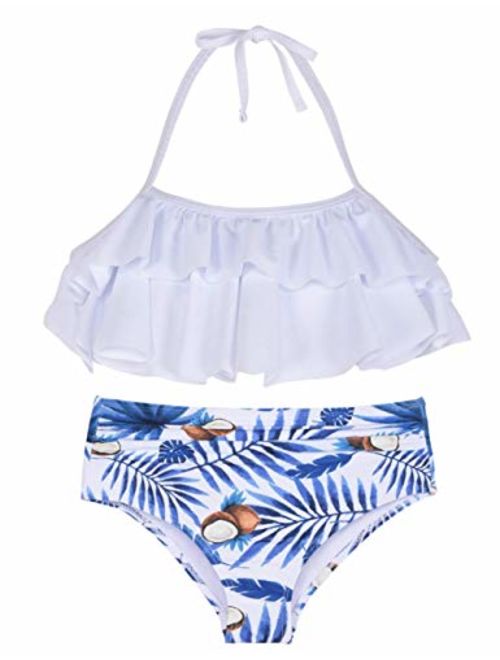 Hilor Girl's Bikini Set Crop Flounce Two Piece Swimsuits Kids Haler Bathing Suits