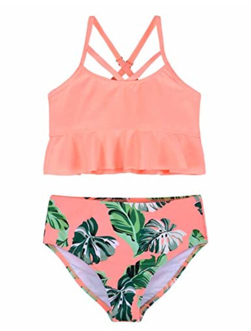 Hilor Girl's Bikini Set Crop Flounce Two Piece Swimsuits Kids Haler Bathing Suits