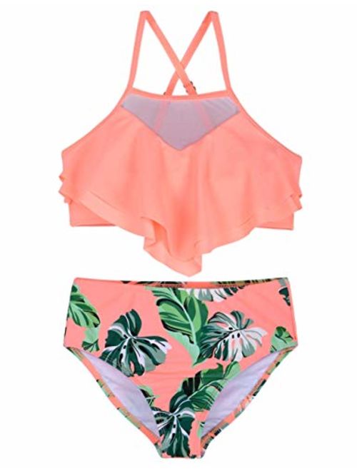 Hilor Girl's Bikini Set Crop Flounce Two Piece Swimsuits Kids Haler Bathing Suits